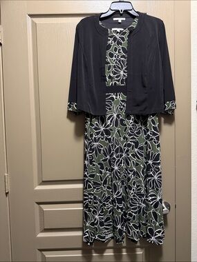 Studio One Olive Green Floral Maxi Dress with Black Jacket